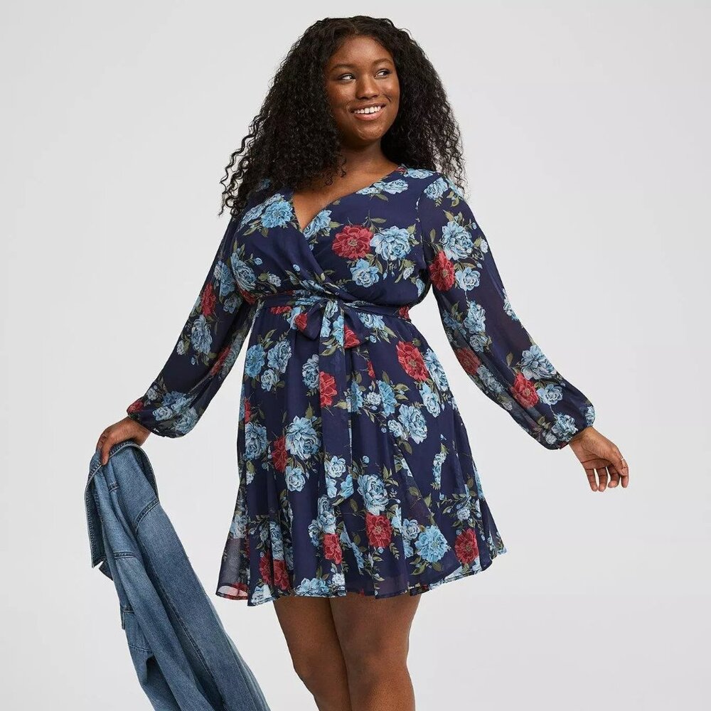 NWT Torrid Mini Chiffon Long Sleeve Surplice Godet Dress